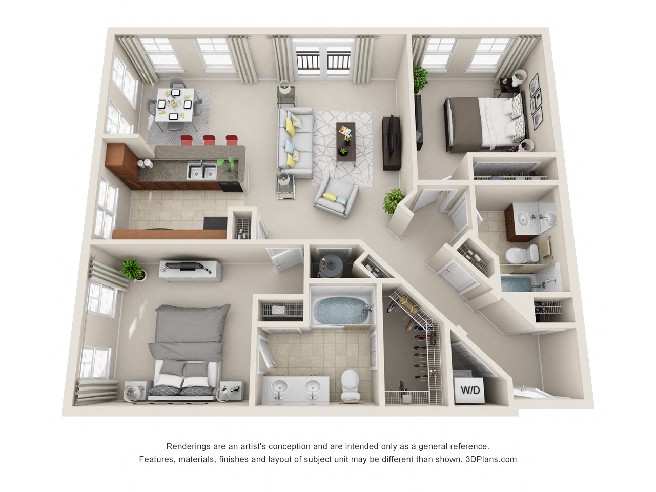 Floor plan for 2 beds, 2 baths, 1071 sqft